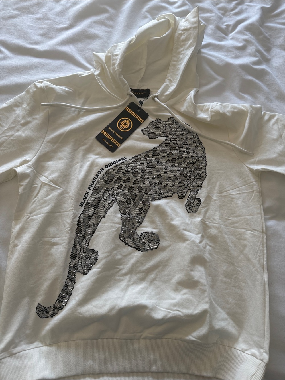 NWT Sz L Black Pharoah White Hoodie with Leopard Graphic